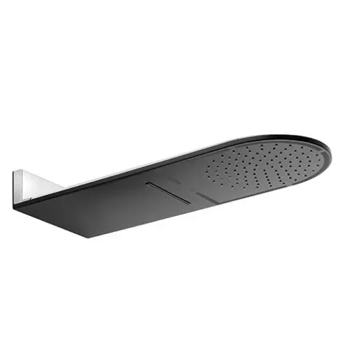 Kopfbrause in mattschwarz mit abgerundeter Form, montiert an einer Wandhalterung. Kludi-Design, geeignet für Regen- und Schwallmodus.